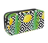 VAPOKF Astuccio per penne, matite, cancelleria per studenti, per ragazzi e ragazze, forniture per scuola e ufficio, motivo geometrico giallo limone verde foglie nere, Multi, 2.3x8.2x3.9in/6x21x10cm,