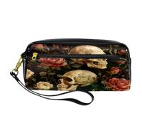 VAPOKF Astuccio portapenne in poliuretano, astuccio per cancelleria per studenti, con cerniera, per ragazzi e ragazze, forniture per scuola e ufficio, motivo: teschio morto con ramo di rose, Multi,