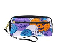 VAPOKF Astuccio portapenne in poliuretano, astuccio per cancelleria per studenti, con cerniera, per ragazzi e ragazze, forniture per scuola e ufficio, teschio morto, zucca, Halloween, zucca, rosa blu,