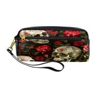 VAPOKF Astuccio portapenne in poliuretano, astuccio per cancelleria per studenti, con cerniera, per ragazzi e ragazze, forniture per scuola e ufficio, teschio morto con rosa rossa, Multi,