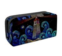 VAPOKF Astuccio portapenne per studenti, cancelleria per adolescenti, ragazzi e ragazze, forniture scolastiche per ufficio - Ricamo faro barca onde marine, Multi, 2.3x8.2x3.9in/6x21x10cm, Organizer