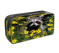 VAPOKF Astuccio portapenne per studenti con cerniera, per ragazzi e ragazze, articoli per la scuola e l'ufficio, Tiger Prowl on The Road, Raccoon si siede in fiori gialli, 2.3x8.2x3.9in/6x21x10cm,