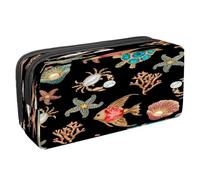 VAPOKF Astuccio portapenne per studenti con cerniera, per ragazzi e ragazze, articoli per la scuola e l'ufficio, tartarughe marine su sfondo di legno, Pera di Tartaruga Granchio Stella Marina Corallo,