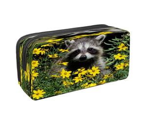VAPOKF Astuccio portapenne per studenti con cerniera, per ragazzi e ragazze, articoli per la scuola e l'ufficio, Tiger Prowl on The Road, Raccoon si siede in fiori gialli, 2.3x8.2x3.9in/6x21x10cm,