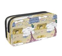 VAPOKF Astuccio portapenne per studenti con cerniera, per ragazzi e ragazze, materiale scolastico e per ufficio, motivo: Kisses Paris Torre Eiffel, Francia Mappa e Architettura,