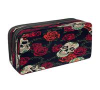 VAPOKF Astuccio portapenne per studenti con cerniera, per ragazzi e ragazze, materiale scolastico e ufficio, scheletro con mano che tiene un teschio morde una rosa rossa, Teschio Di Zucchero Con Rosa