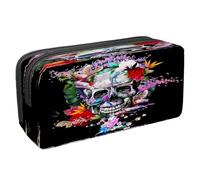 VAPOKF Astuccio portapenne per studenti con cerniera, per ragazzi e ragazze, materiale scolastico e ufficio, scheletro con mano che tiene un teschio morde una rosa rossa, Teschio con fiore e mani su