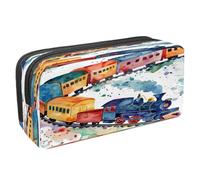 VAPOKF Astuccio portapenne per studenti con cerniera, per ragazzi e ragazze, materiale scolastico e ufficio, treni ad acquerello con carrozze lunghe, Multi, 2.3x8.2x3.9in/6x21x10cm, Astuccio