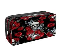 VAPOKF Astuccio portapenne per studenti con cerniera, per ragazzi e ragazze, materiale scolastico e ufficio, scheletro con mano che tiene un teschio morde una rosa rossa, Cranio Uccelli Orologio Card