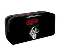 VAPOKF Astuccio portapenne per studenti con cerniera, per ragazzi e ragazze, materiale scolastico e ufficio, scheletro con mano che tiene un teschio morde una rosa rossa, Scheletro mano holding fiore,