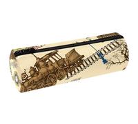 VAPOKF Astuccio vintage con treno in città, in pelle PU, per penne, cancelleria per studenti, organizer per trucchi, per donne, ragazze, ragazzi, bambini, scuola e ufficio, Multi, 20x6.3x6.3 CM