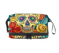 VAPOKF Beauty case da viaggio con teschio e fiori e fiori del giorno dei morti, per donne e ragazze, borsa da viaggio per trucchi, pratica borsa organizer con scomparto per pennelli, Multicolore 1