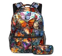 VAPOKF Bellissimo set di zaini per la scuola con farfalle per adolescenti, ragazze, ragazzi, bambini, zaino per studenti con astuccio per scuola primaria secondaria, Multi, Taglia unica, Set di zaini