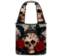 VAPOKF Black Crow Vintage Clock Skull Roses Canvas Tote Bags Borse a tracolla da donna, grande borsa riutilizzabile per il trasporto borsa a tracolla per scuola, lavoro, ufficio, viaggi, shopping