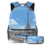 VAPOKF Blue Sky Paris Tower Seine River - Set di zaini per la scuola, per adolescenti, ragazze, ragazzi, bambini, zaino con astuccio per scuola elementare e secondaria