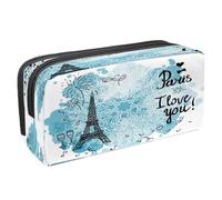 VAPOKF Bonjour Paris - Astuccio portapenne con cerniera, per ragazzi e ragazze, per la scuola e l'ufficio, Torre Eiffel su sfondo acquerello blu, 2.3x8.2x3.9in/6x21x10cm, Astuccio