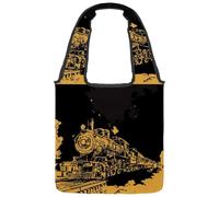 VAPOKF Borsa a tracolla da donna, con treno in inchiostro dorato su tela nera, grande, riutilizzabile, borsa a tracolla per scuola, lavoro, ufficio, viaggi, shopping, casual