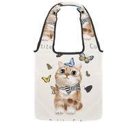 VAPOKF Borsa a tracolla da donna, in tela, con simpatico gatto che gioca con farfalle volanti, borsa a tracolla riutilizzabile per scuola, lavoro, ufficio, viaggi, shopping, casual