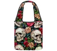 VAPOKF Borsa a tracolla da donna, in tela, con teschi morti e rose, grande, riutilizzabile, per scuola, lavoro, ufficio, viaggi, shopping, stile casual