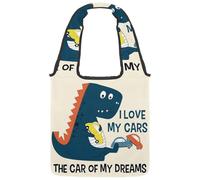VAPOKF Borsa a tracolla da donna, in tela, motivo: Dionsaur che gioca a auto, grande, riutilizzabile, per scuola, lavoro, ufficio, viaggi, shopping, stile casual