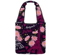 VAPOKF Borsa a tracolla da donna, in tela, motivo: Torre Eiffel di Parigi con fiori rosa, grande, riutilizzabile, per scuola, lavoro, ufficio, viaggi, shopping, stile casual