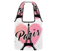 VAPOKF Borsa larga da donna, in tela, motivo: Torre Eiffel di Parigi su cuore rosa, borsa a tracolla riutilizzabile per scuola, lavoro, ufficio, viaggi, shopping, stile casual