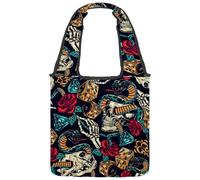 VAPOKF Borsa larga in tela con teschio con rose e dadi, borse a tracolla da donna, grande borsa da trasporto riutilizzabile, borsa a tracolla per scuola, lavoro, ufficio, viaggi, shopping, casual