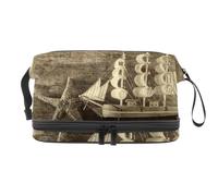 VAPOKF Borsa per cosmetici vintage in legno a forma di barca a vela con stella marina su immagine in legno, per donne e ragazze, borsa da viaggio per trucchi pratica borsa organizer con scomparto per