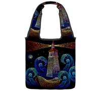 VAPOKF Borsa tote in tela con ricamo faro, barca, onde del mare, borse a tracolla da donna, grande borsa da trasporto riutilizzabile borsa a tracolla per scuola, lavoro, ufficio, viaggi, shopping