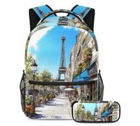 VAPOKF Café Under The Eiffel Tower - Set di zaini per adolescenti, ragazze, ragazzi, bambini, zaino con astuccio per scuola elementare e secondaria