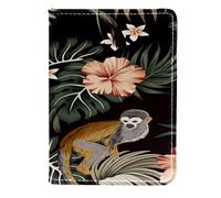 VAPOKF Custodia per passaporto da viaggio in pelle con scimmia che tiene la pesca su ibisco con foglie di palma nella giungla, 11,5 x 16,5 cm, Multi, 11.5x16.5cm/4.5x6.5 in, Vintage