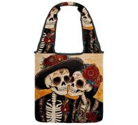 VAPOKF Day of the Dead Skull Skeleton Couple Canvas Tote Bags Women Shoulder Bags Large Reusable Carry Bag Borsa a tracolla per scuola, lavoro, ufficio, viaggi, shopping, casual