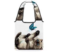 VAPOKF Gatto sdraiato che gioca con una farfalla Tote borse, borse a tracolla da donna, borsa a tracolla riutilizzabile grande borsa a tracolla per scuola, lavoro, ufficio, viaggi, shopping, casual