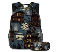 VAPOKF Halloween Haunted Houses Dead Tree Tombstone Set di borsa per la scuola per adolescenti, ragazze, ragazzi, bambini, zaino per studenti con astuccio per scuola primaria secondaria, Multi, Taglia