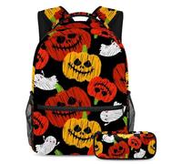VAPOKF Happy Halloween Pumpkins and Ghosts School Bag Set per adolescenti, ragazze, ragazzi, bambini, zaino per studenti con astuccio per scuola primaria secondaria, Multi, Taglia unica, Set di zaini