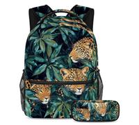 VAPOKF Leopards Hides in Tropical Leave Jungle School Bag Set per adolescenti, ragazze, ragazzi, bambini, zaino per studenti con astuccio per scuola primaria secondaria, Multi, Taglia unica, Set di