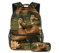 VAPOKF Lotus Leave Indian Runner Ducks - Set di borse per la scuola per adolescenti, ragazze, ragazzi, bambini, zaino per studenti con astuccio per scuola primaria secondaria, Multi, Taglia unica, Set