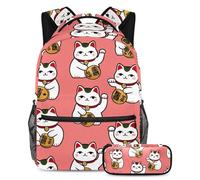VAPOKF Maneki Neko Cats on Pink School Bag Set per adolescenti, ragazze, ragazzi, bambini, zaino con astuccio per scuola primaria secondaria
