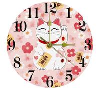 VAPOKF Maneki Neko, orologio da parete con gatto e fiori di ciliegio, silenzioso, senza ticchettio, funzionamento a batteria, rotondo, orologio da parete per casa/cucina/ufficio/scuola