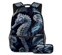 VAPOKF Marine Seahosr - Set di zaini per la scuola con meduse per adolescenti, ragazze, ragazzi, bambini, zaino con astuccio per scuola elementare secondaria