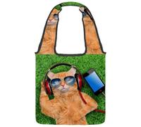 VAPOKF Occhiali da sole con gatto che indossa cuffie rilassati sdraiato nell'erba, borse a tracolla da donna, grande borsa da trasporto riutilizzabile borsa a tracolla per scuola, lavoro, ufficio