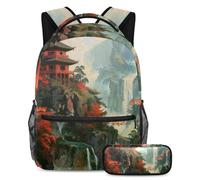 VAPOKF Old Temple on Mountain Top Set di zaino per la scuola per adolescenti, ragazze, ragazzi, bambini, zaino per studenti con astuccio per scuola primaria secondaria, Multi, Taglia unica, Set di