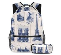 VAPOKF Parigi Architectural Famous Postage School Bag Set per Teen Girls Boys Kids Student Bookbag Zaino con Astuccio per Primaria Secondaria Junior High School
