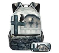 VAPOKF Raven on Halloween Old House Wall School Bag Set per adolescenti, ragazze, ragazzi, bambini, zaino per studenti con astuccio per scuola primaria secondaria, Multi, Taglia unica, Set di zaini