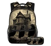 VAPOKF Ravens on Abandoned House, set di zaini per la scuola, per adolescenti, ragazze, ragazzi, bambini, zaino con astuccio per scuola elementare e secondaria, Multi, Taglia unica, Set di zaini per