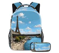 VAPOKF Seine River Torre Eiffer Cityscape Set di zaino per la scuola per adolescenti, ragazze, ragazzi, bambini, zaino con astuccio per scuola primaria secondaria