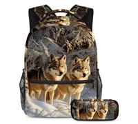 VAPOKF Set di 2 borse per la scuola con lupo sulla neve, per adolescenti, ragazze, ragazzi, bambini, zaino con astuccio per scuola elementare secondaria, Multi, Taglia unica, Set di zaini per la