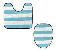 VAPOKF Set di 2 tappetini da bagno a forma di U, con tappetino sagomato e copriwater in morbida flanella, antiscivolo, colore: blu, bianco, a righe con pois dorati
