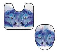 VAPOKF Set di 2 tappetini da bagno a forma di U e copriwater, morbida flanella antiscivolo, copertura per sedile WC, pittura ad acquerello, volti di lupi