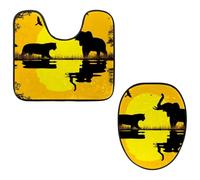 VAPOKF Set di 2 tappetini da bagno con piedistallo, tappetino sagomato a forma di U e copriwater copriwater, morbida flanella antiscivolo, copriwater, motivo: tramonto africano, elefante, animali